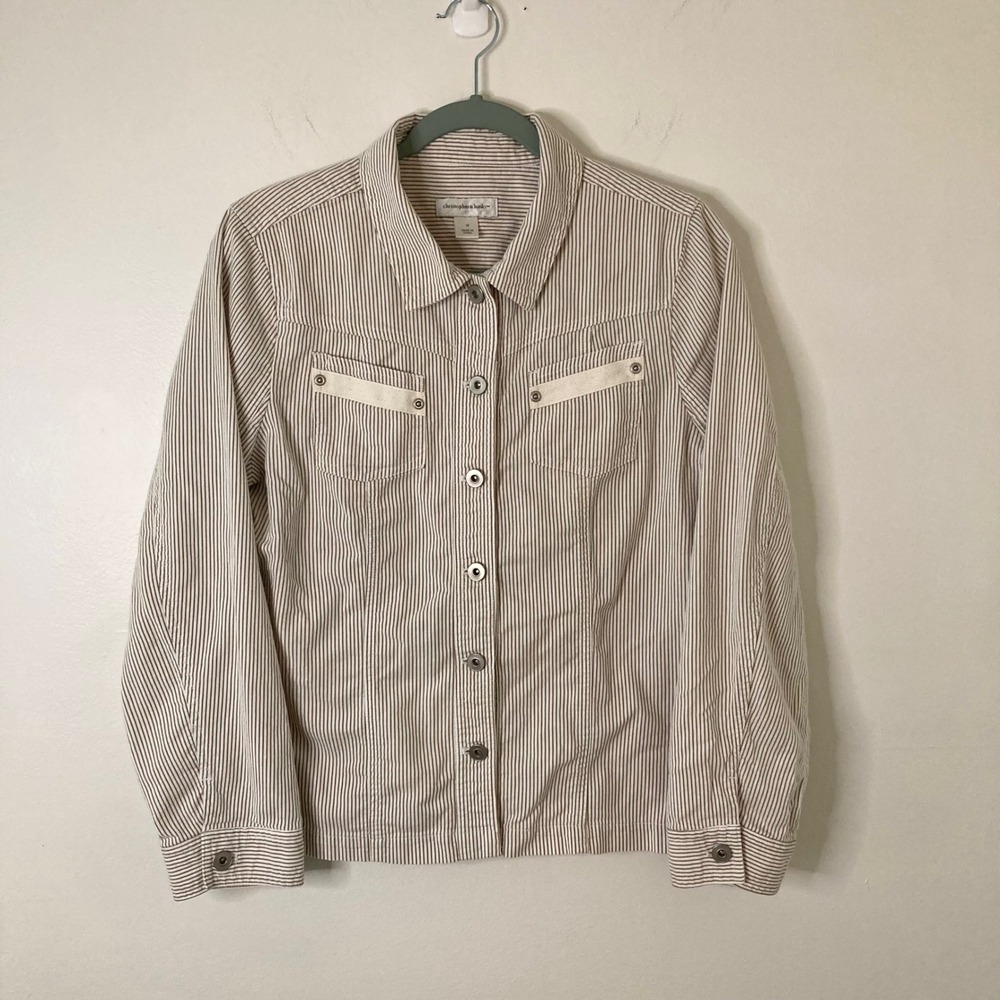 Seersucker Pinstripe Christopher & Banks Tan White 100% Cotton Jacket M Coastal